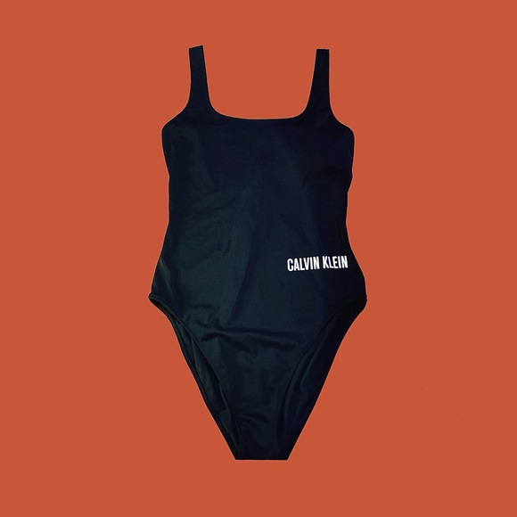 Calvin Klein Intense Black Square Neck Scoop One-Piece Swimsuit Women's Size S - Picture 2 of 8
